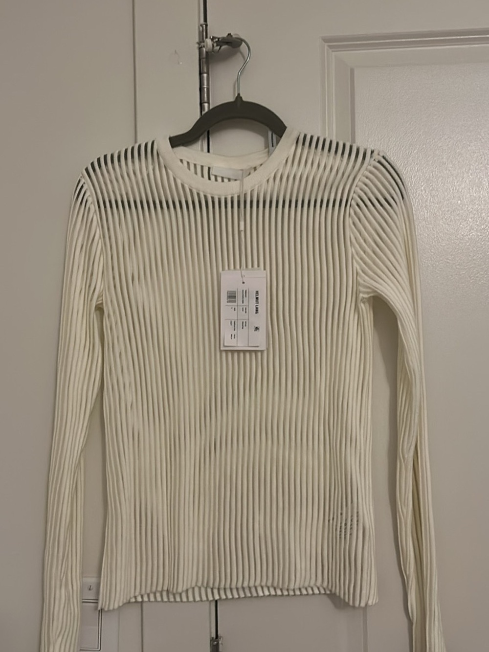 Helmut Lang Cream Ribbed Long-Sleeve Crewneck